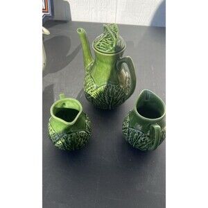 Rare Vintage Subtil Portugal Majolica Cabbage Leaf Pottery Set of 3